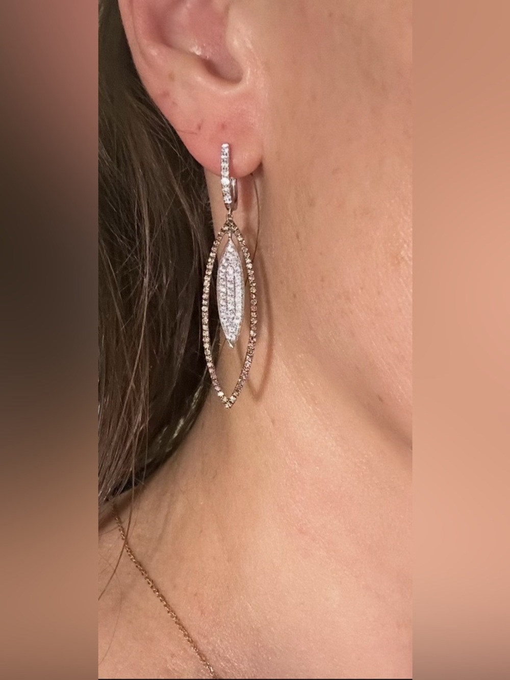 White gold marquis shaped Diamond drop earrings lined w/ Chocolate Diamonds